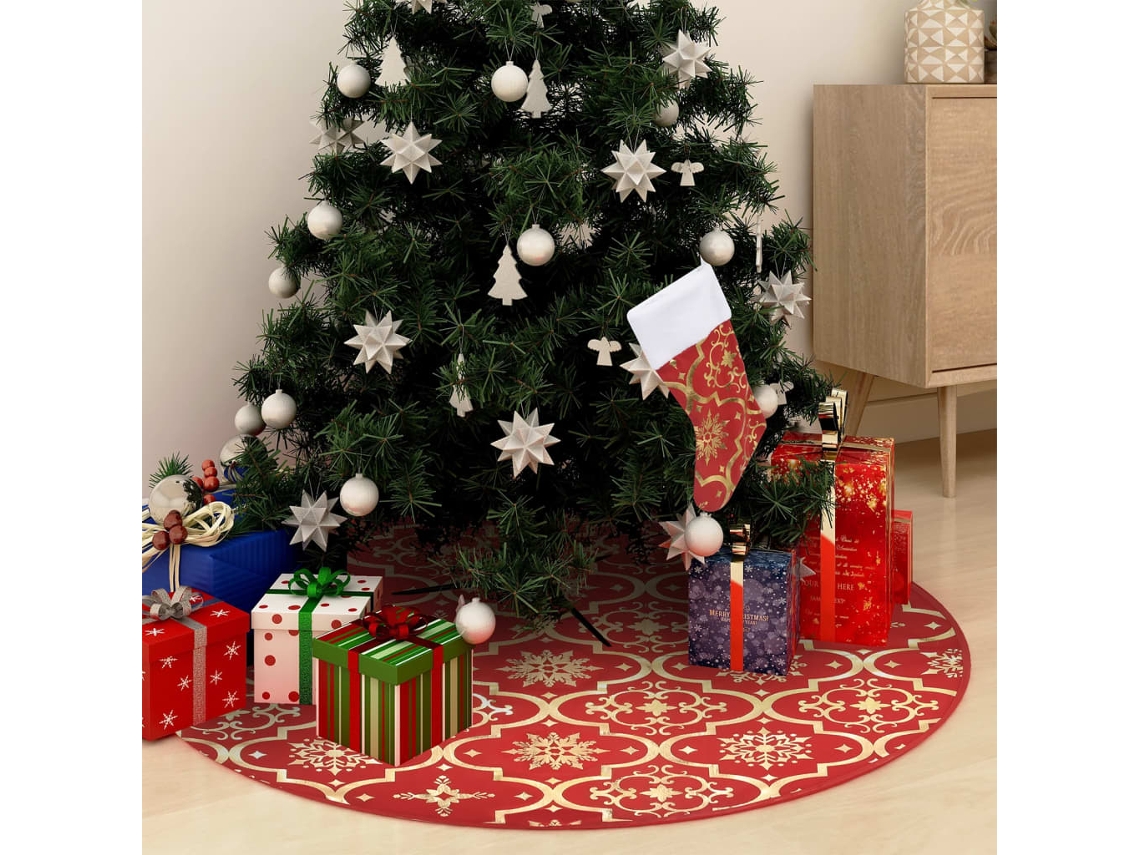 Vidaxl Saia De Árvore De Natal De Luxo Com Meia Vermelha 122 Cm Tecido