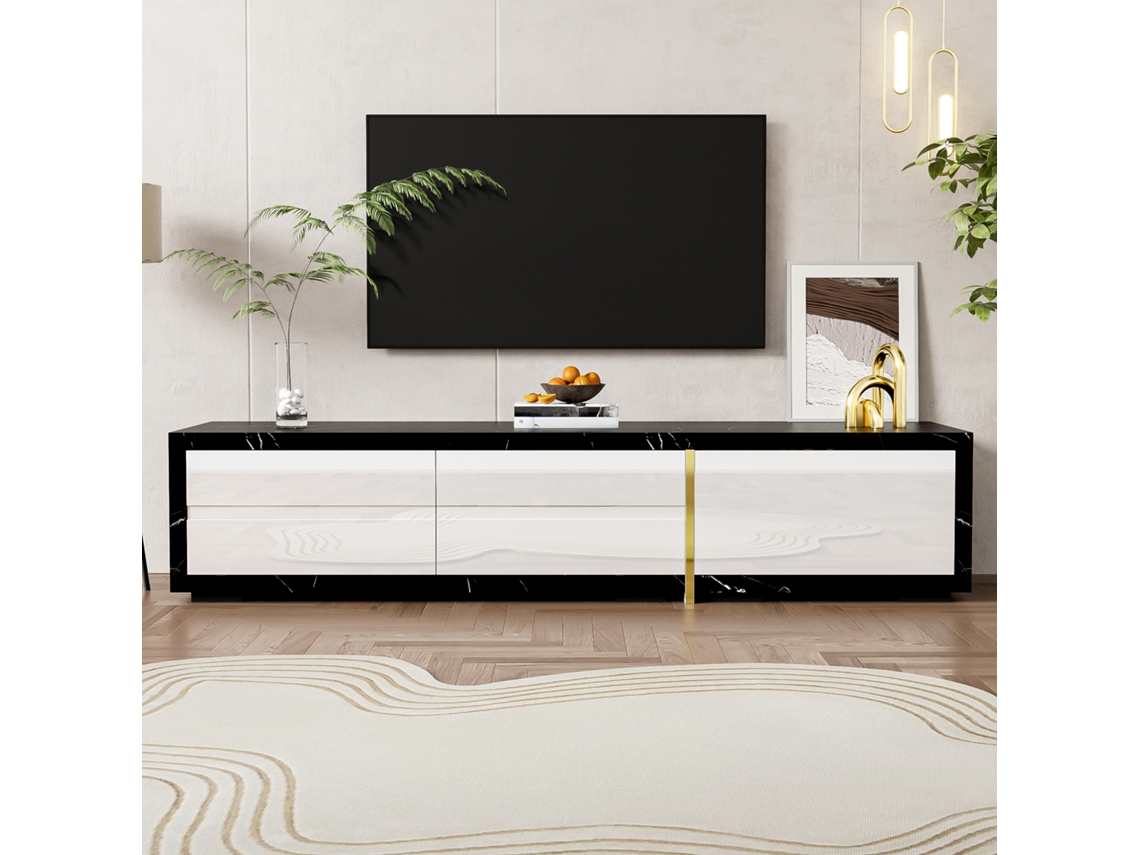 Móvel para TV KOMHTOM extensível e giratório, design moderno, preto com efeito mármore, branco mate, detalhes dourados, 140 a 260 cm