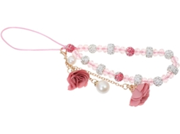 Pulseira Curta Rosa Com Cristais, Contas E Flor Para Celular.