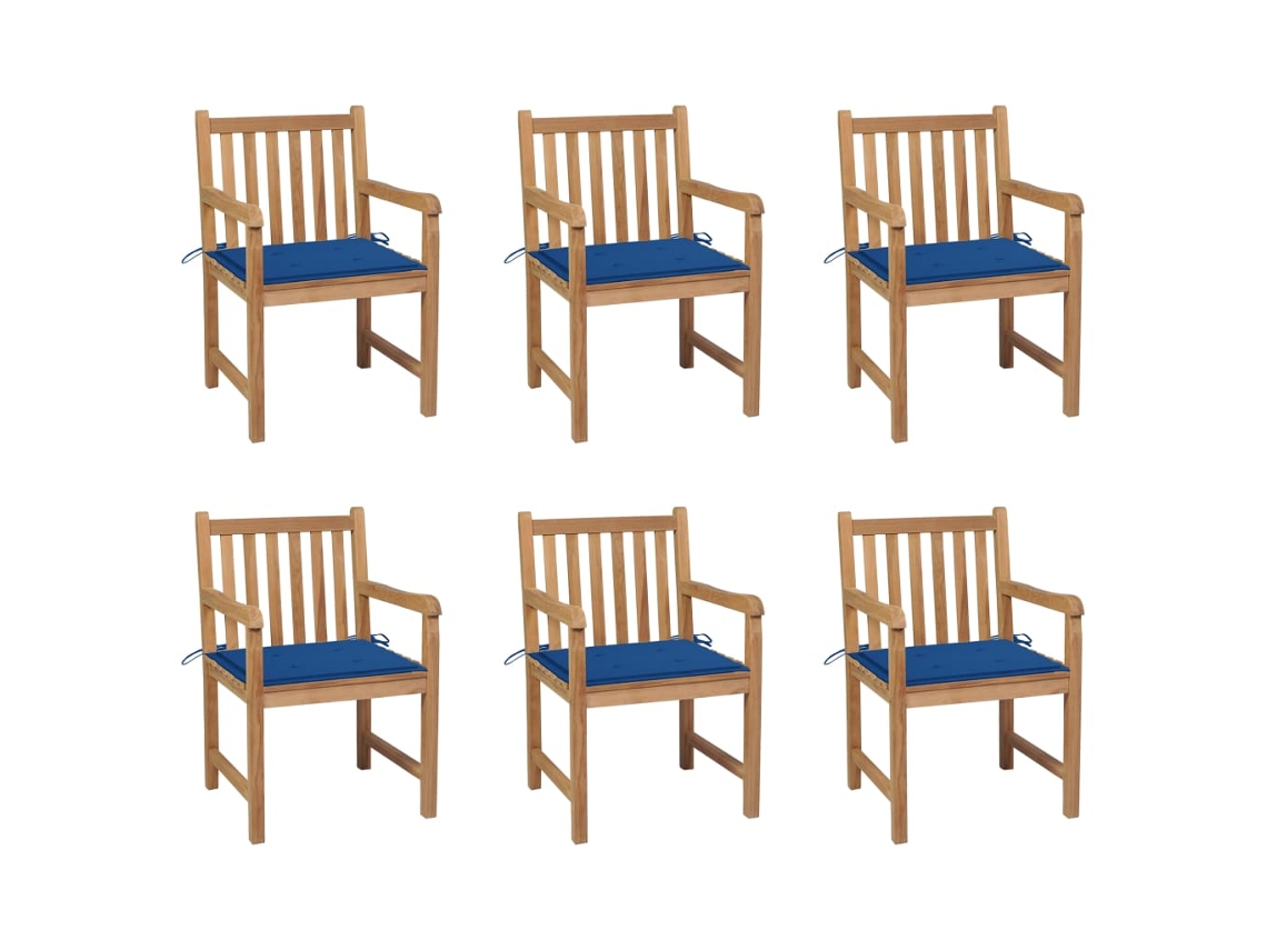 Vidaxl Cadeiras De Jardim C/ Almofadões Azul Real 6 Pcs Teca Maciça