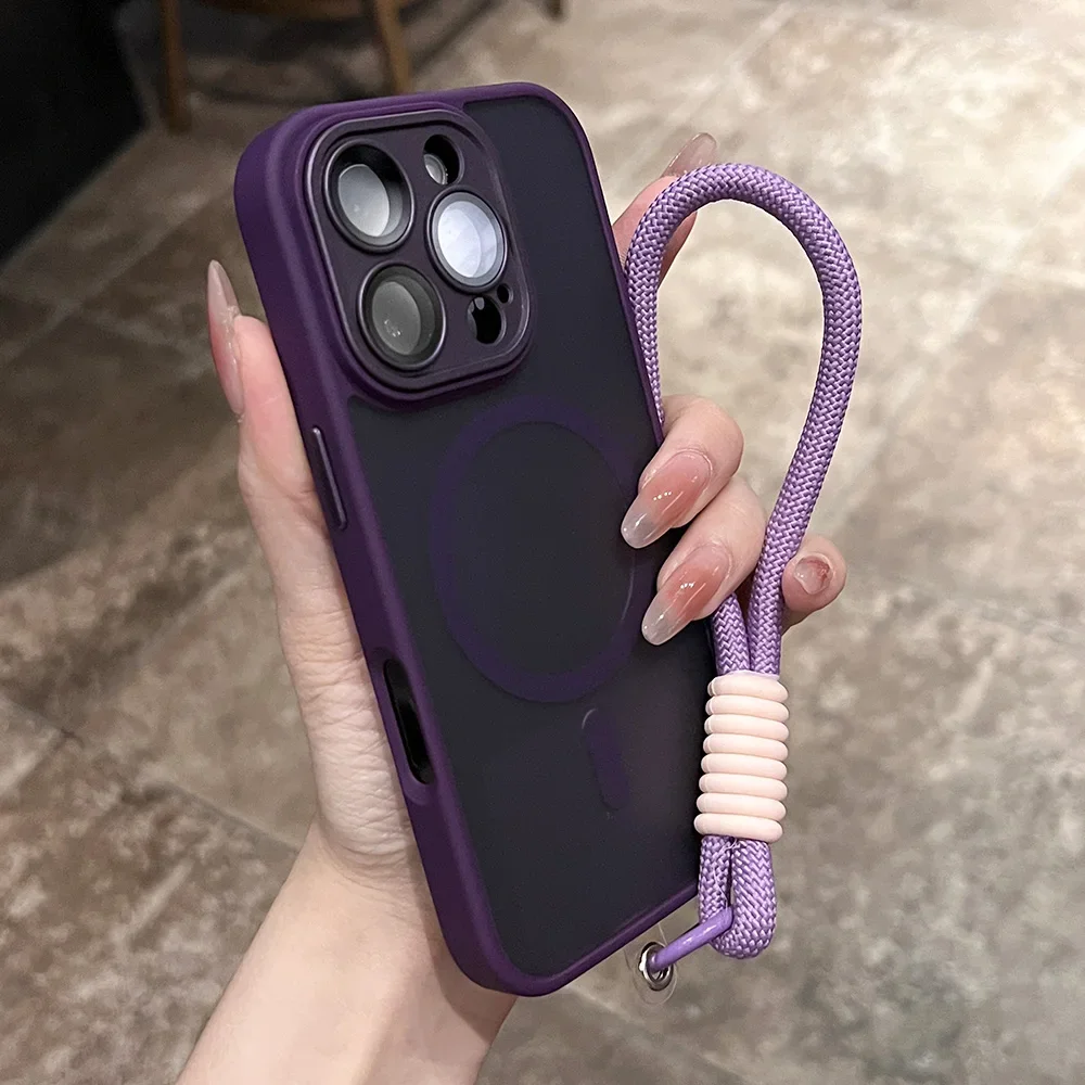 Capa Magnética Transparente Fosca Para Iphone 14 Pro Max (roxo Escuro) Com Cordão.