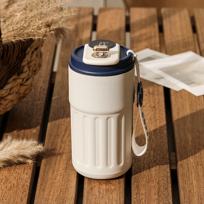 (branca E Azul 450ml) Garrafa Térmica De Aço Inoxidável De 450ml Com Visor De Temperatura Em Led, Mantém A Temperatura Ideal Para Água Quente E Fria