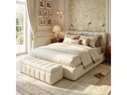 Cama de Casal Estofada em Linho com Design Embutido e Otimização de Espaço, Bege, 140x190 Cm LAZYSPACE