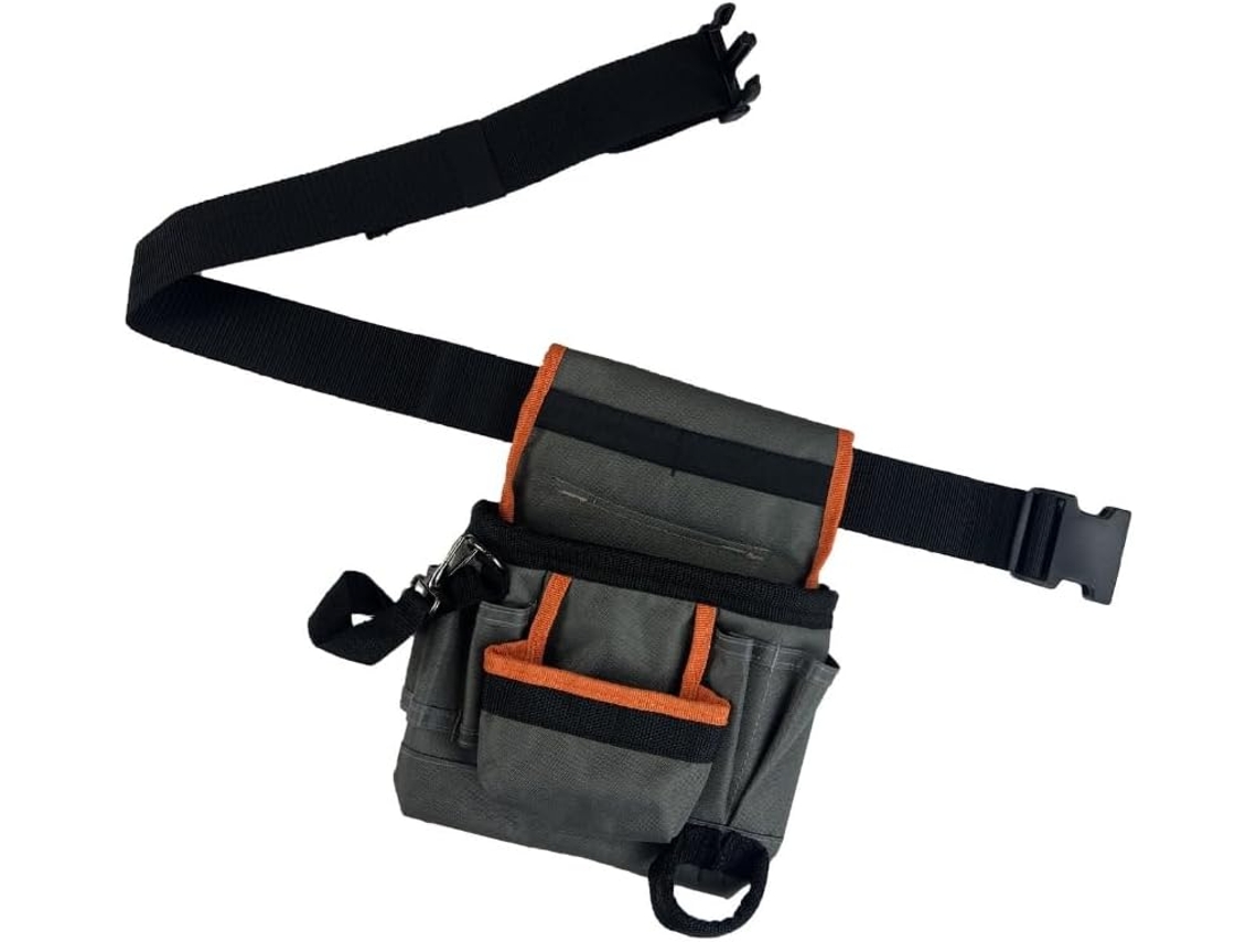 Cinto leve e confortável com altura ajustável, diversos bolsos para ferramentas, facilitando o transporte e as atividades.