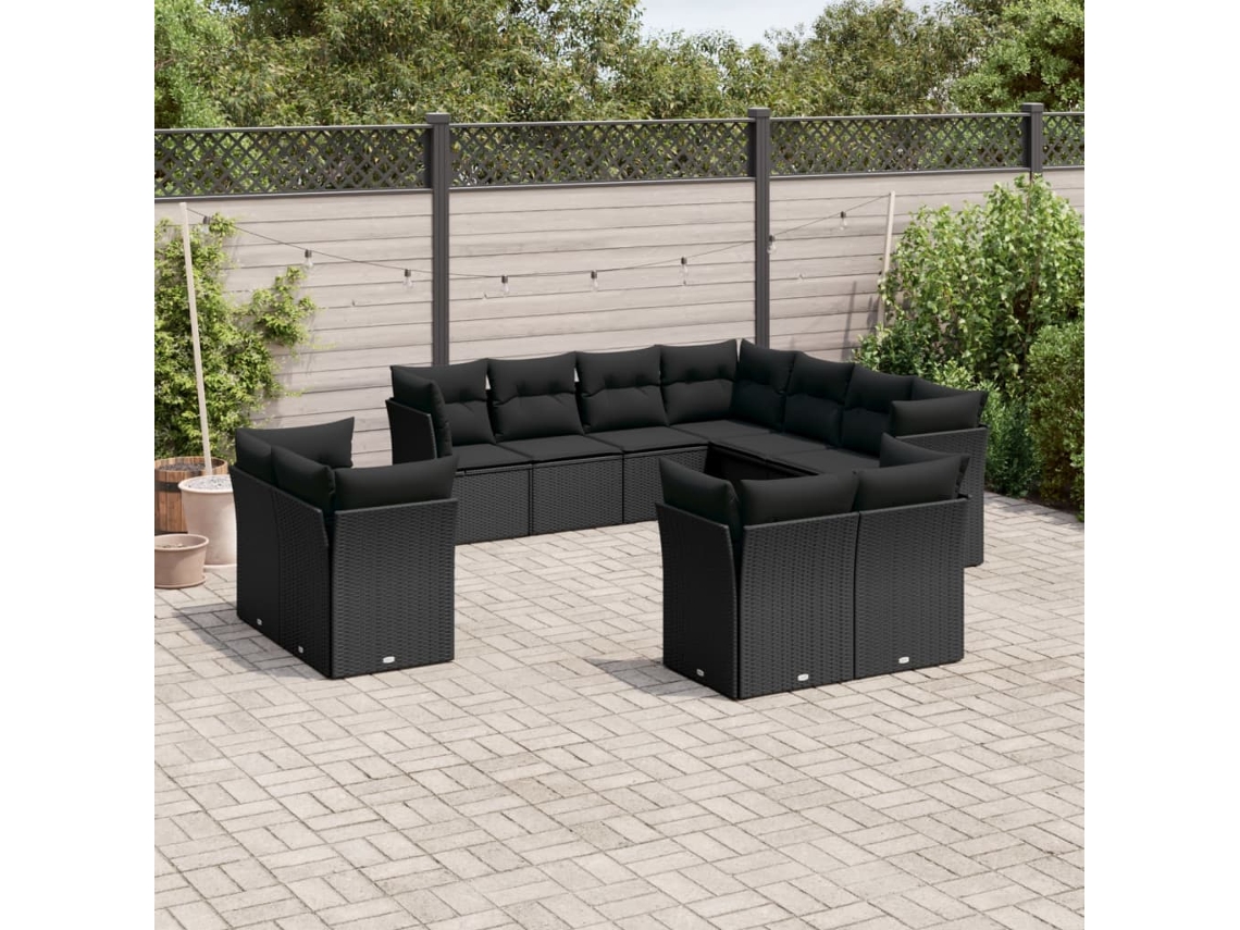 11 Pcs Conjunto Sofás De Jardim C/ Almofadões Vime Pe Preto Dkd Home Decor