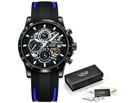 Relógio Luxuoso Masculino Bracelete Silicone Azul e Preto L-IGE