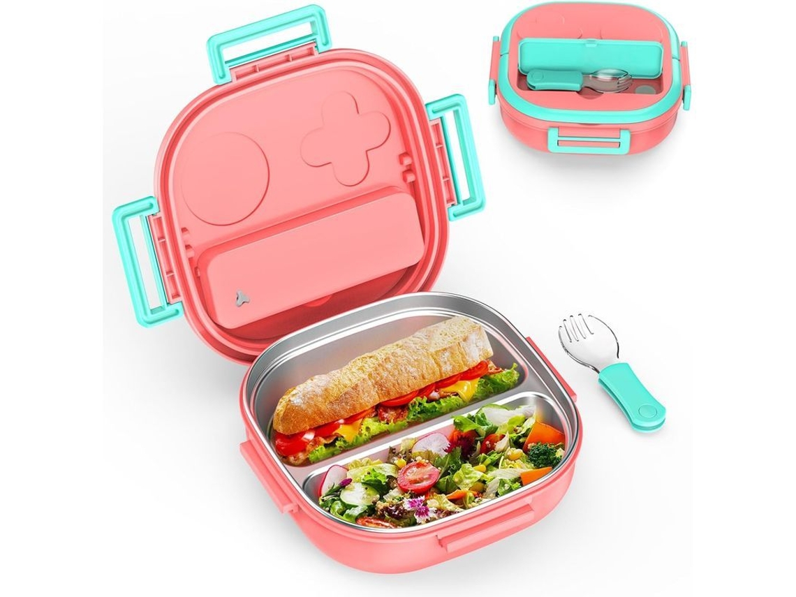 Caixa Bento de Aço Inoxidável para Crianças, 2 Compartimentos, Rosa