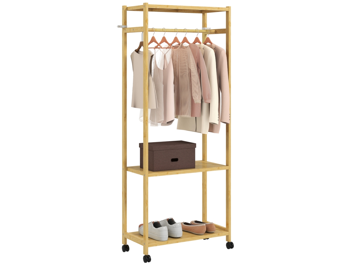 Cabideiro com Rodas em Bambu 70x35x175cm com 2 Prateleiras, Vara Pendurada, Madeira Natural | S/MARCA