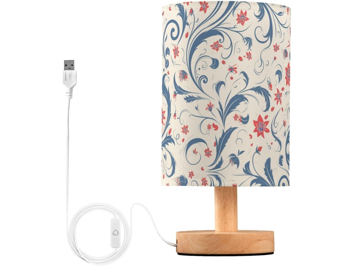 Abajur De Mesa Vintage Pequeno Com Estampa Folha Azul E Flor Vermelha, Perfeito Para O Pátio De Uma Menina