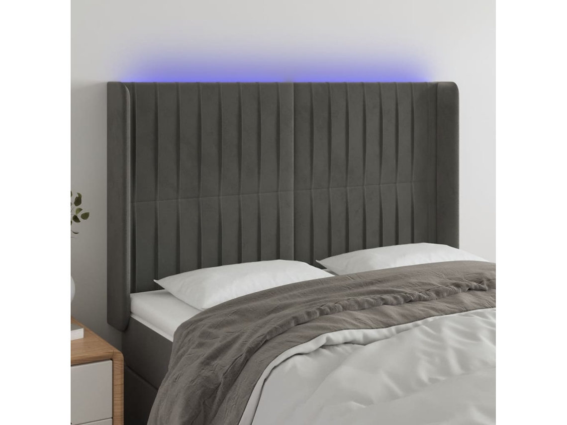 Vidaxl Cabeceira De Cama C/ Led Veludo 147x16x118/128 Cm Cinza-escuro