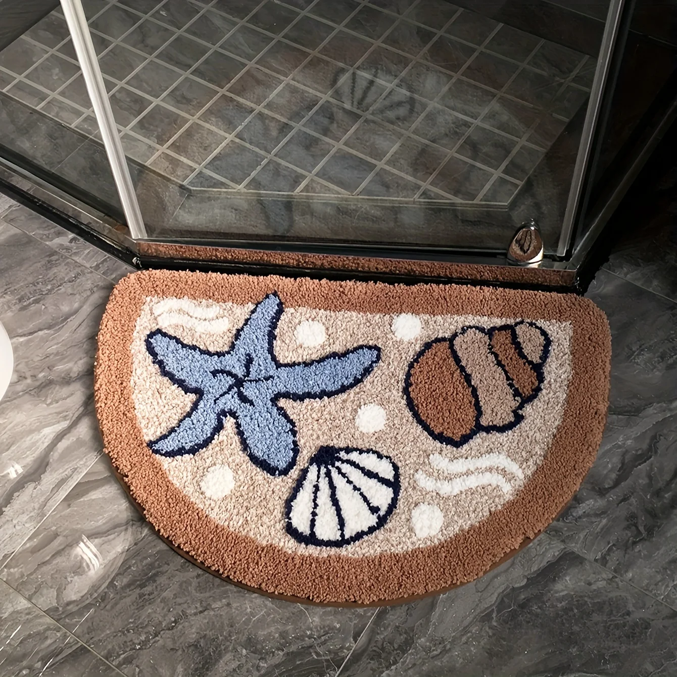 Tapete Semicircular Para Banheiro Com Tema Oceânico (40 X 60 Cm), Macio, Absorvente E Antiderrapante.