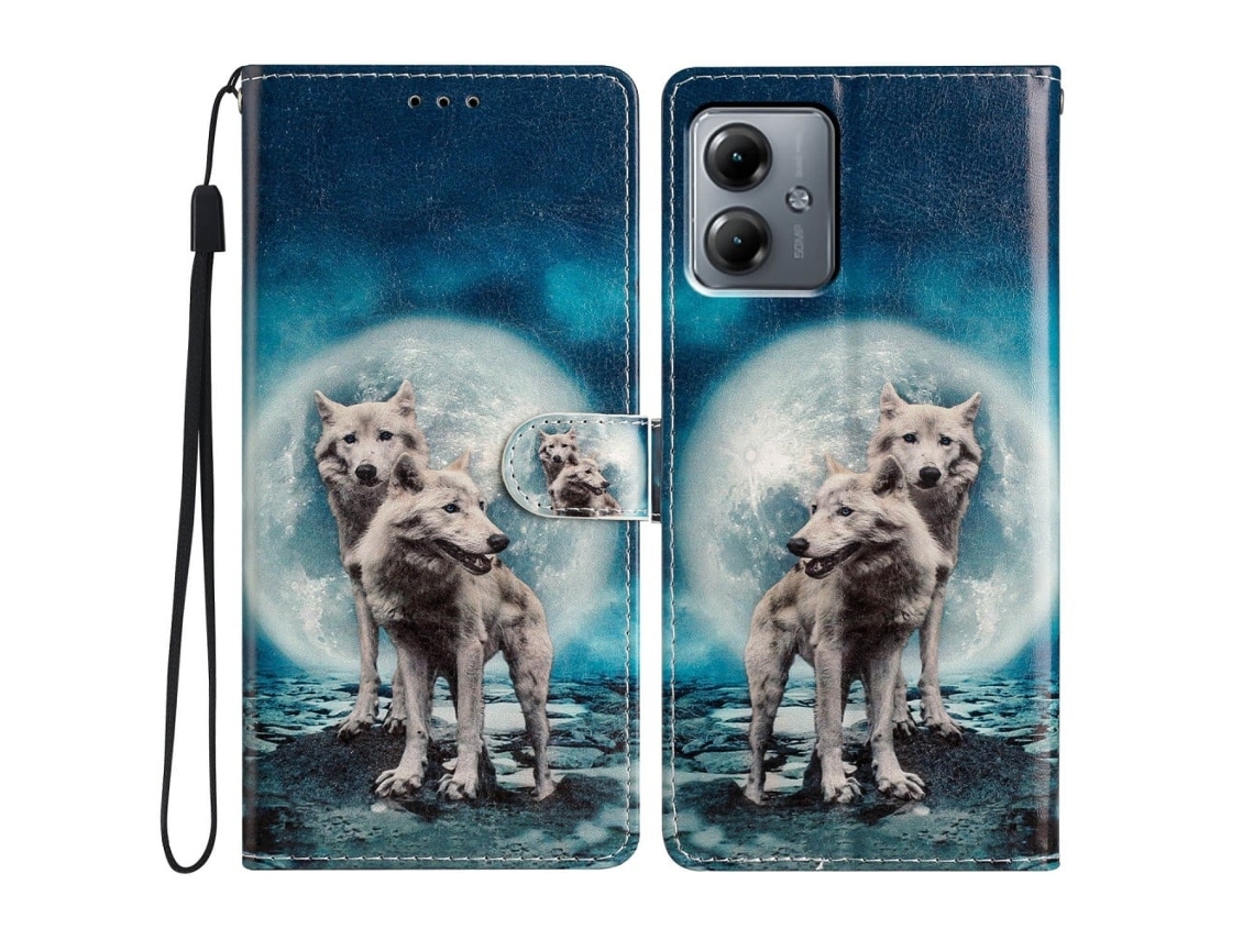 Capa Para Motorola Moto G54 5g Com Estampa De Couro Pu E Suporte, Dois Lobos