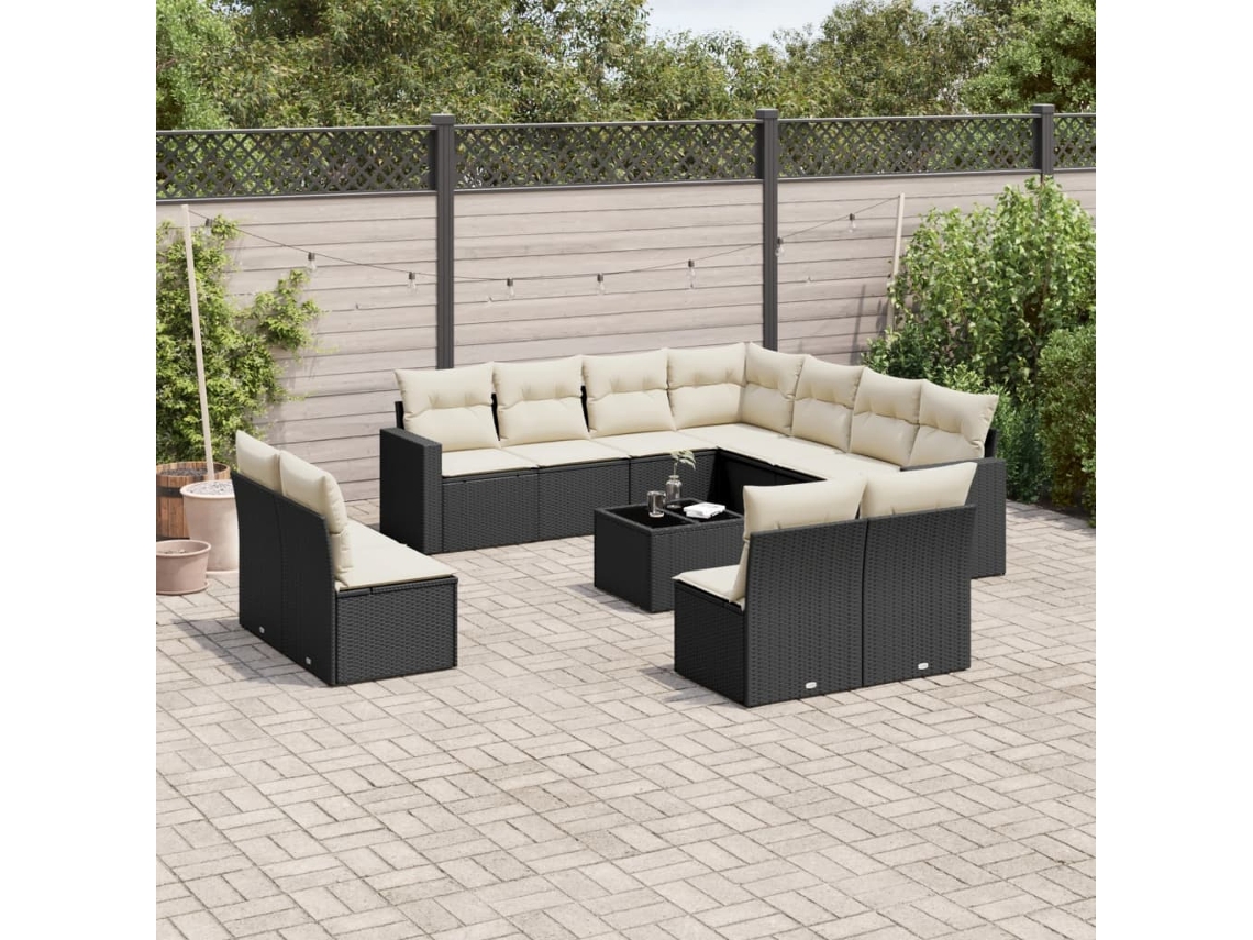 Conjunto de Sofá de Jardim 12 Peças C/ Almofadões Vime Pe Preto Dkd Home Decor