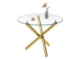 Mesa Redonda Vidro Temperado Pés Dourados Estilo Minimalista Contemporâneo 80×80×76cm Sala Cozinha