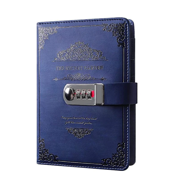 Agenda A5 com Cadeado e Caneta, Caderno Recarregável com Cadeado de Combinação, Vintage BRILVIBERA (azul)