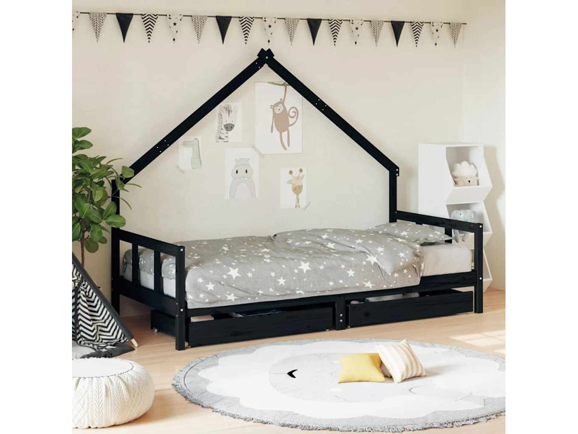 Vidaxl Estrutura Cama Infantil C/ Gavetas 90x200 Cm Pinho Maciço Preto