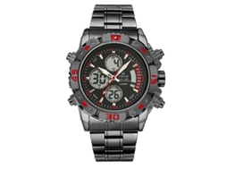 Relógio Eletrônico Multifuncional Masculino MDUG em aço inox com movimento duplo, à prova d'água e luminoso (preto e vermelho)
