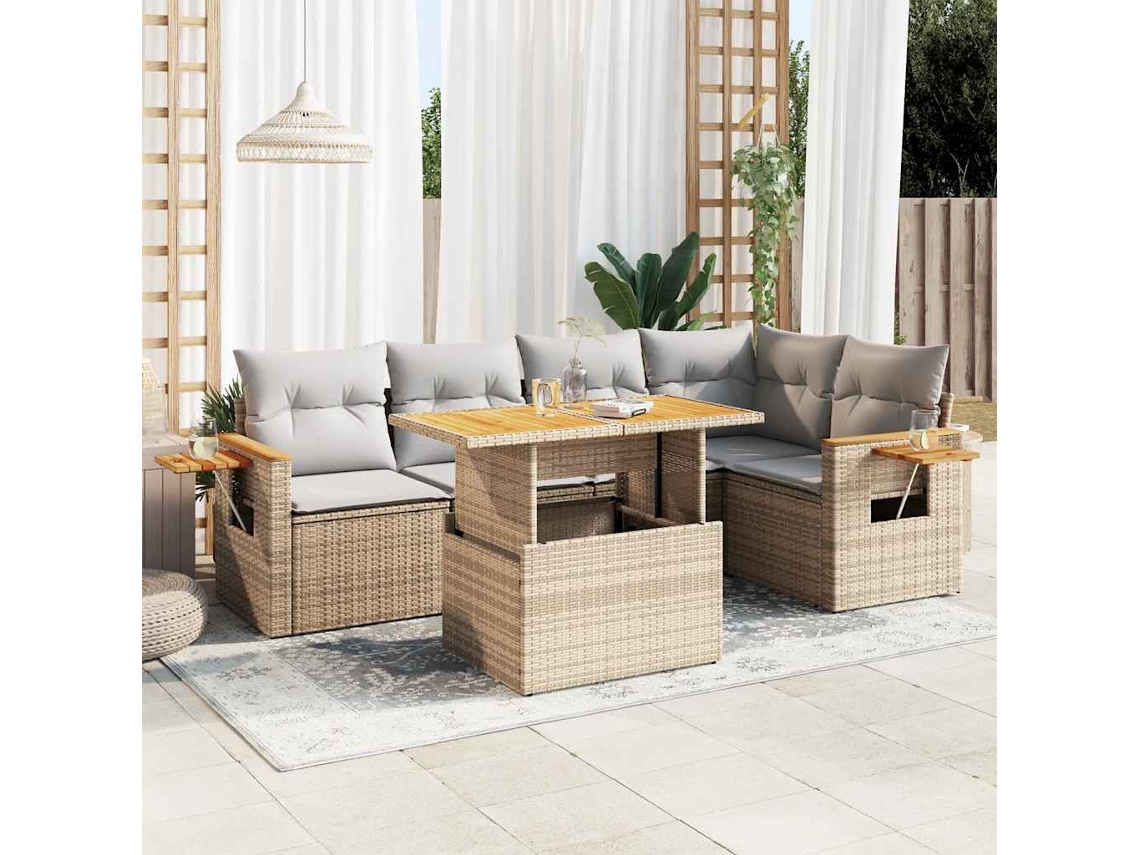 Vidaxl 6 Pcs Conjunto Sofás Jardim Com Almofadões Vime Pe/acácia Bege