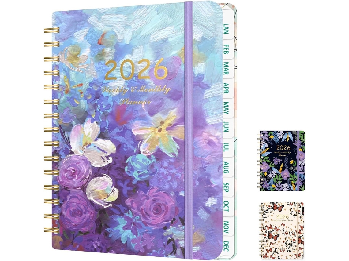 Agenda Semanal 2026, A5, Capa Dura, com Marcador de Páginas, Flor Azul, 21, 5 X 15, 8 Cm, Agenda Acadêmica de Janeiro a Dezembro BRILVIBERA