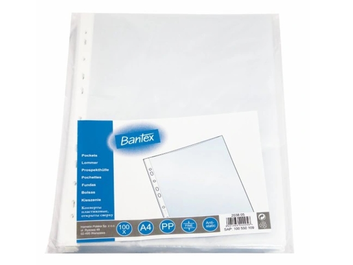 Bolsas Protetoras Bantex Para Documentos A4 50mic, Conjunto Com 100 Unidades.