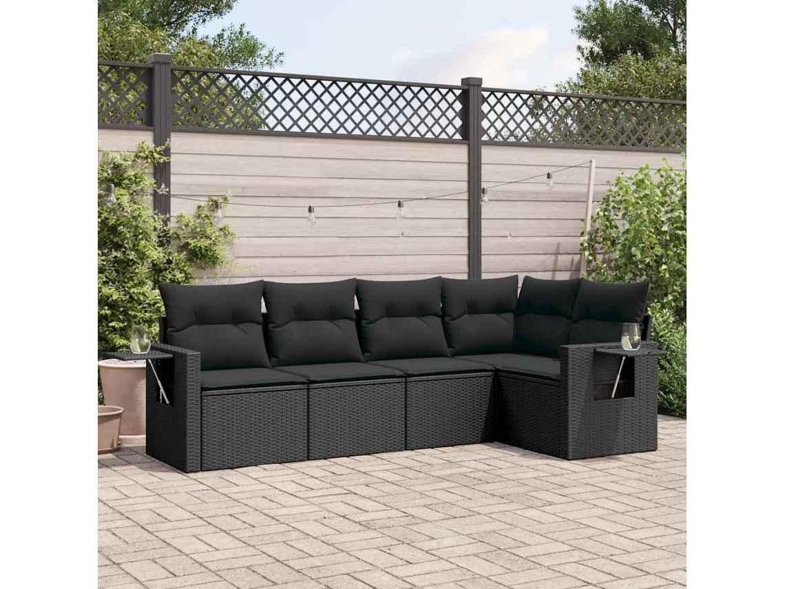 Vidaxl 5 Pcs Conjunto Sofás De Jardim Com Almofadões Vime Pe Preto