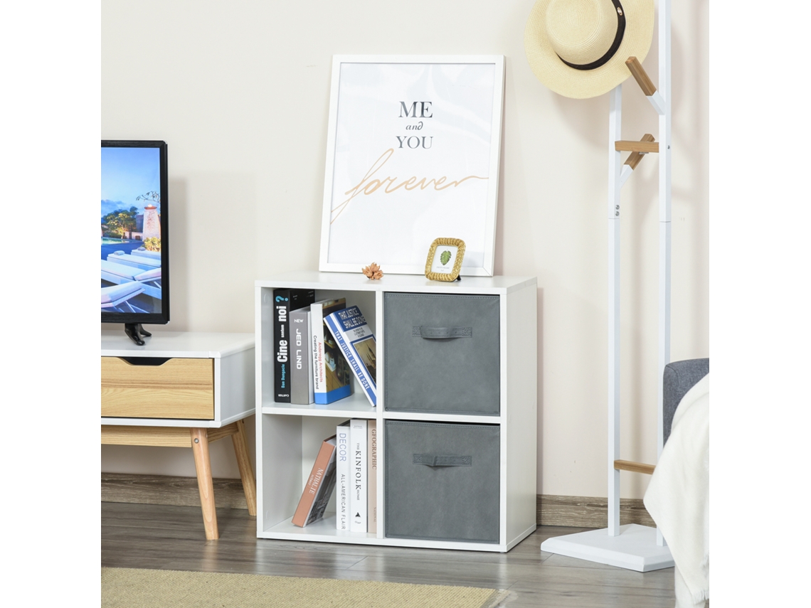 Estante Para Livros De 4 Cubos Modular Com 2 Cestos Removíveis De Tnt Para Escritório Estúdio Dormitório 61,5x30x61,5cm Branco E Cinza