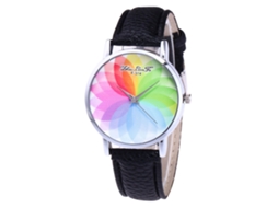 Relógio feminino com pulseira de couro, mostrador redondo moderno, movimento analógico de quartzo, preto.