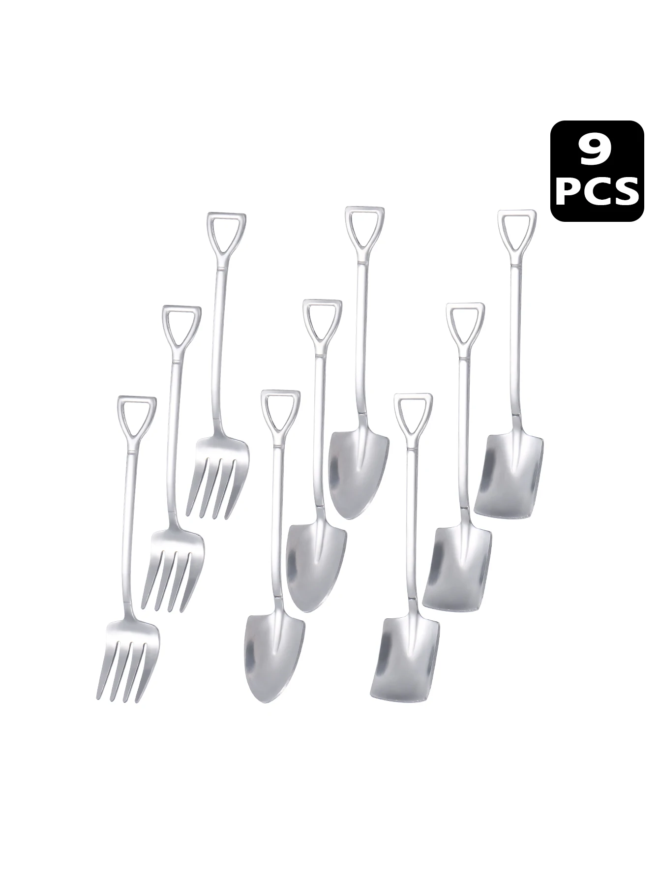 Conjunto De 9 Peças Em Aço Inoxidável Prateado Com Garfo E Colher Para Sobremesa, Colher Para Sorvete E Garfo Para Frutas.