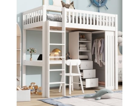 Beliche 90x200 Escrivaninha Roupeiro 3 Gavetas Espaço De Armazenamento Estrado Madeira De Pinho Cama Juvenil Crianças/adultos Branco Flieks