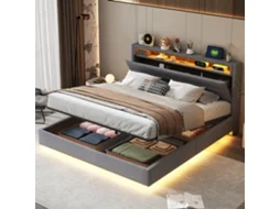 Cama Mola 160x200cm Com Armazenamento Usb Luz Led Cinza Lino