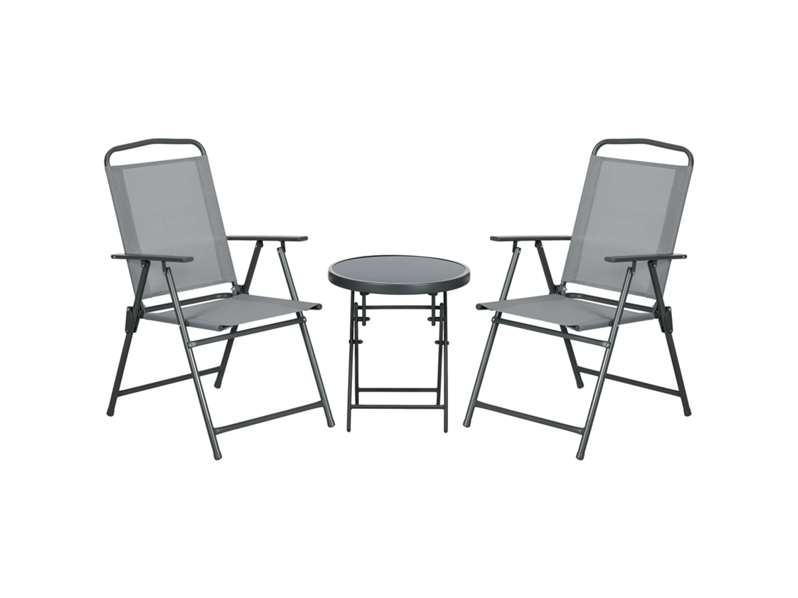 Conjunto Bistro Dobrável Com Mesa E 2 Cadeiras, Aço Resistente E Tela, 53,5x64x93cm, Cinza Claro Para Varanda E Terraço.