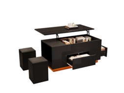 Mesa De Centro Multifuncional 4 Em 1, 100 X 50 X 45 Cm, Com Altura Ajustável, Led, 2 Banquetas, Capacidade De Carga De Até 50 Kg
