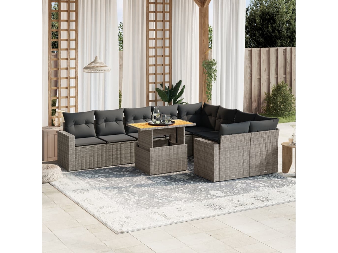 Vidaxl 10 Pcs Conjunto Sofás De Jardim C/ Almofadões Vime Pe Cinzento