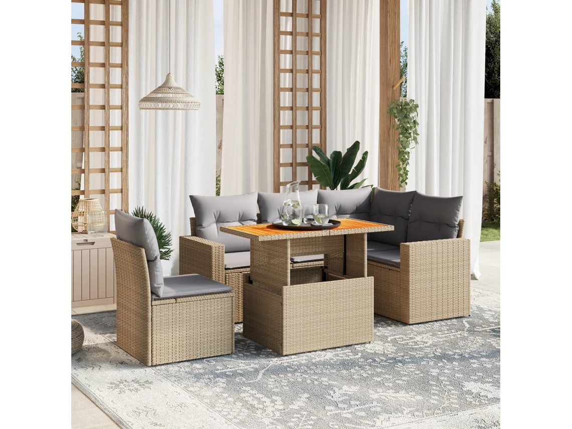 Vidaxl 6 Pcs Conjunto De Sofás P/ Jardim Com Almofadões Vime Pe Bege