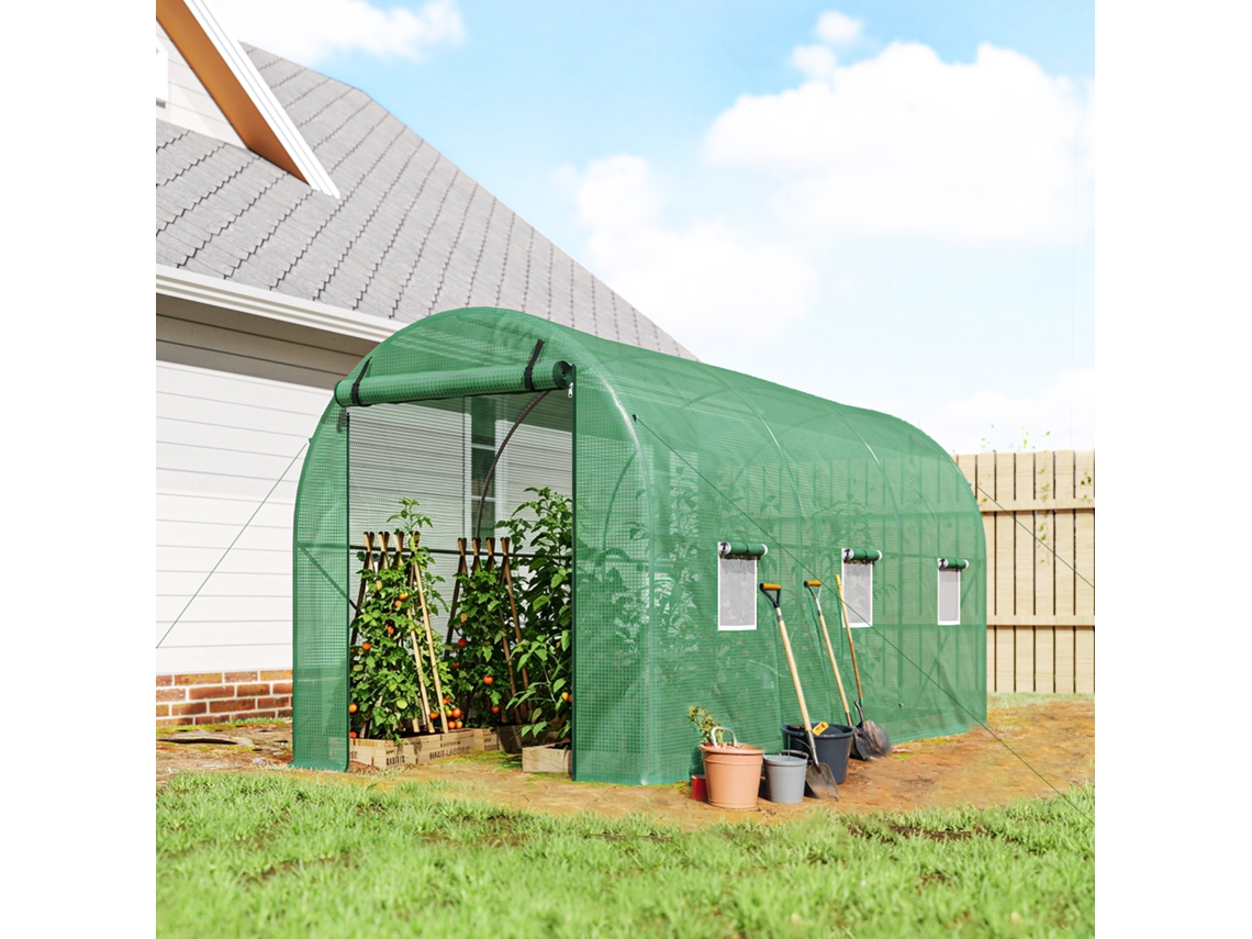 Estufa De Arco, 6 Janelas Rede, Película Transparente, Estrutura Metálica, 3,95 X 1,95 X 1,90m, Verde