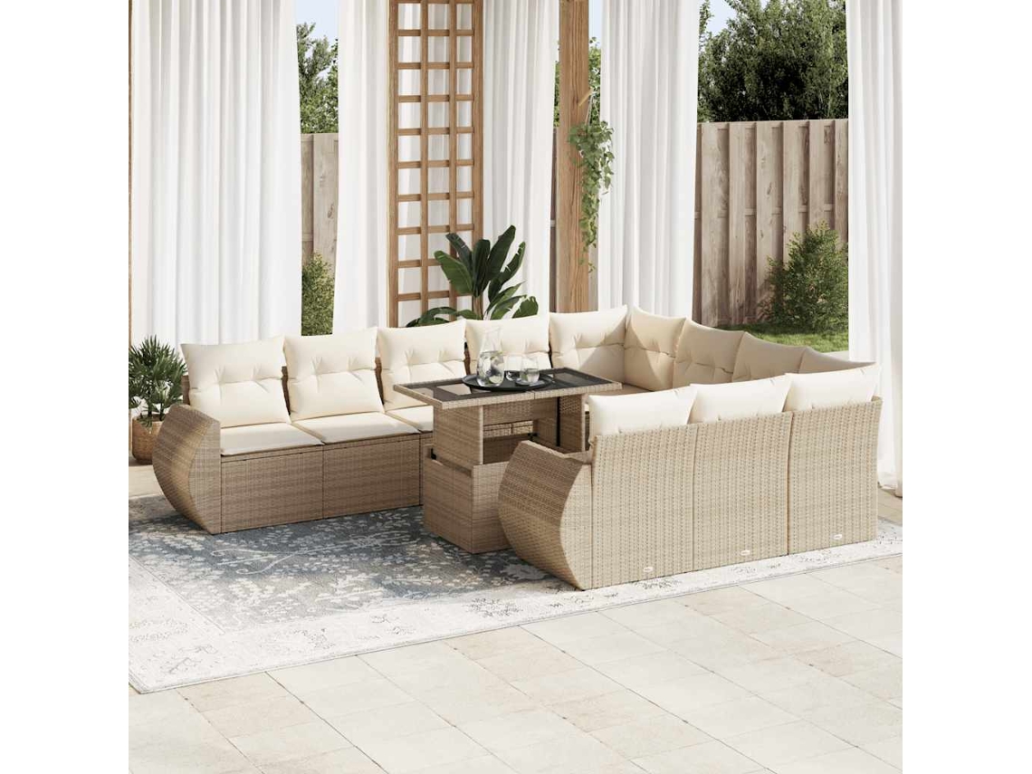 Vidaxl 11 Pcs Conjunto Sofás De Jardim C/ Almofadões Vime Pe Bege
