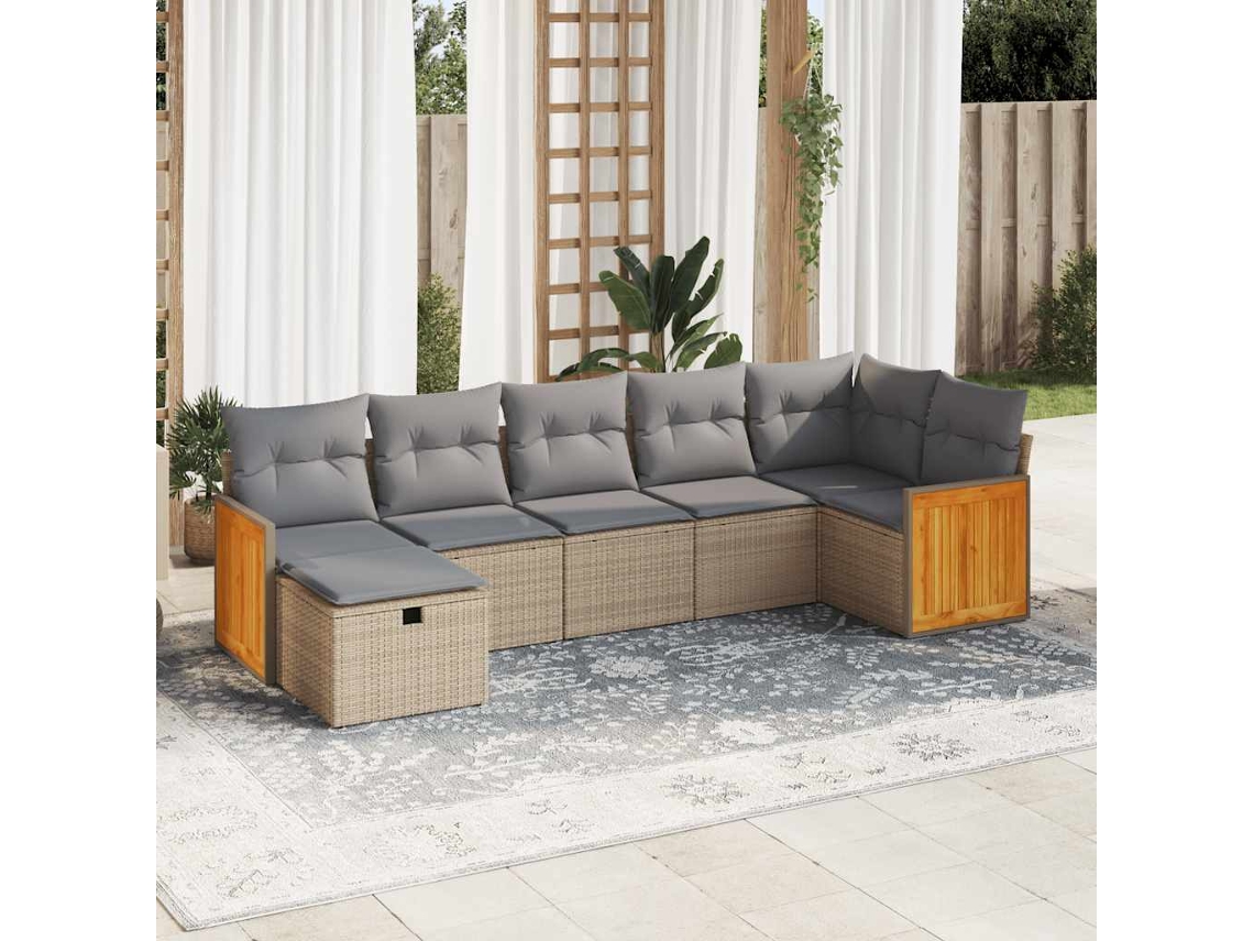 Vidaxl 7 Pcs Conjunto De Sofás P/ Jardim Com Almofadões Vime Pe Bege