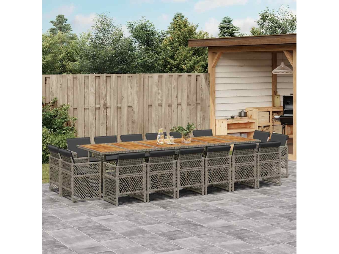 Vidaxl 17 Pcs Conj. De Jantar P/ Jardim C/ Almofadões Vime Pe Cinzento