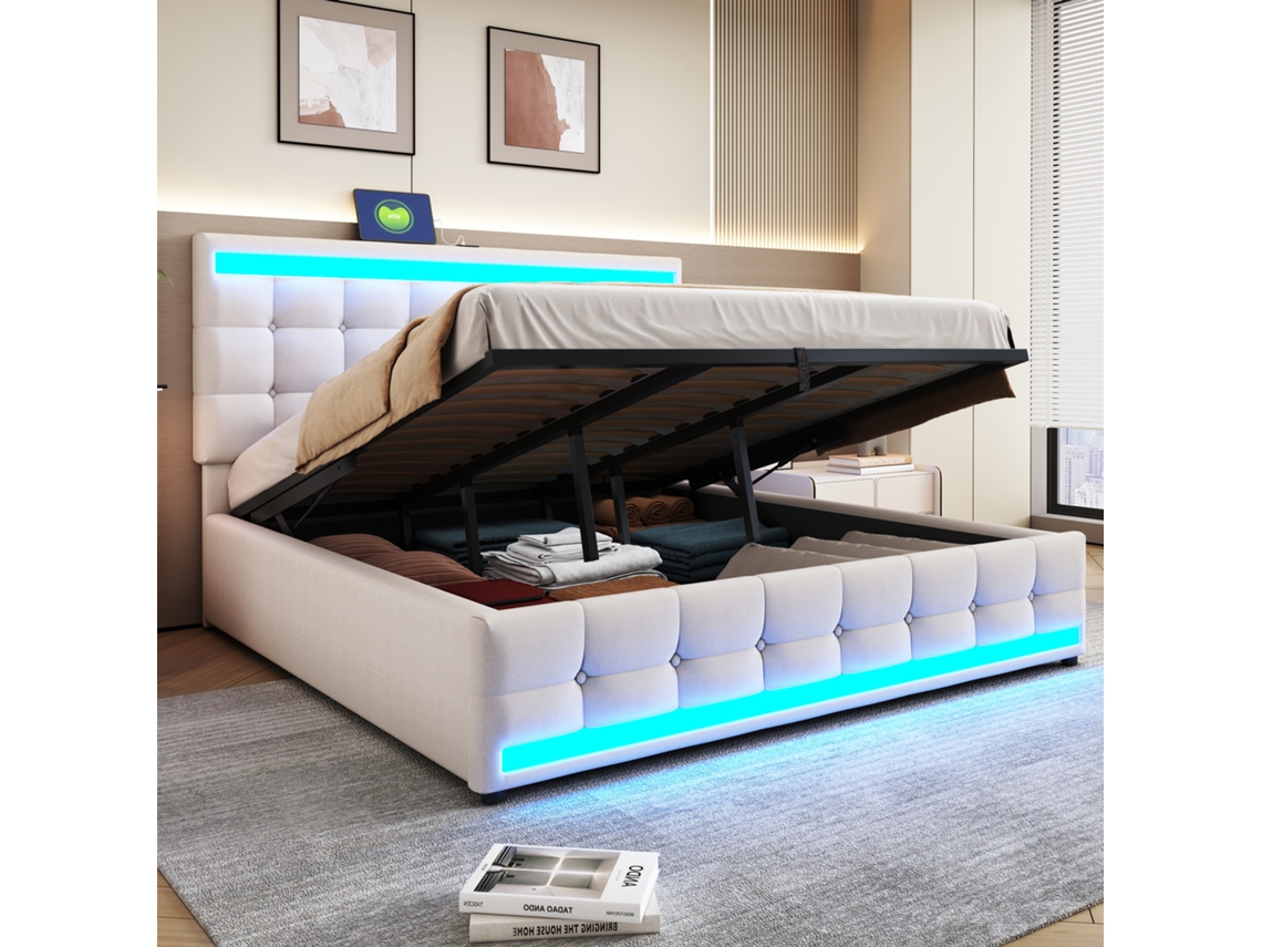 Cama 180x200 Com Hidráulica Armazenamento Usb Led Multicolorido Bege