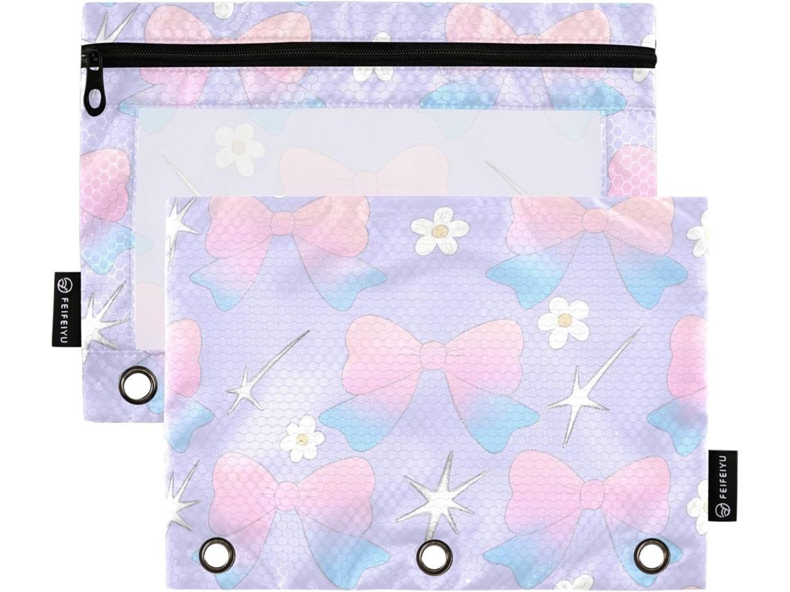 Pasta Plástica Com Fita Rosa E Fundo Roxo, Com Janela Transparente, Zíper, Janela Transparente E Ilhós, 3 Compartimentos