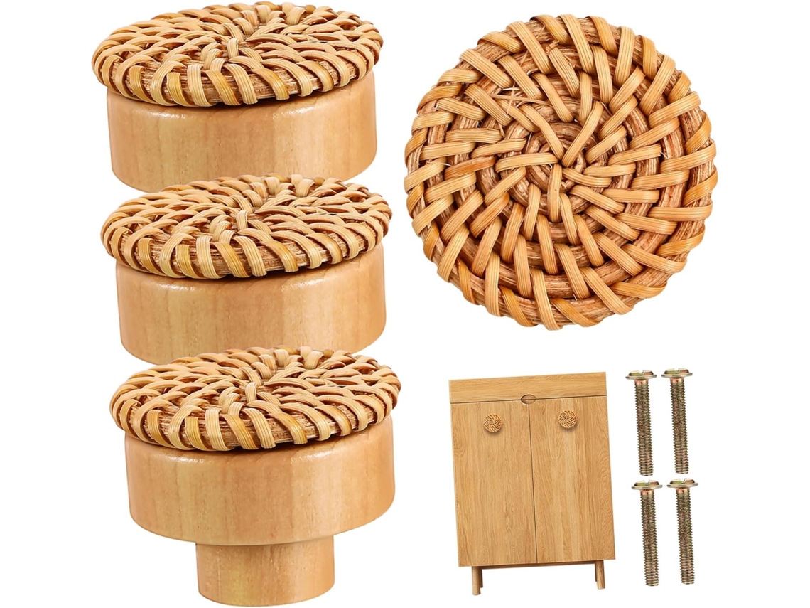 Angoily Conjunto De 4-puxadores Gaveta Em Rattan Trançado 40mm Com Cabos Madeira, Puxadores Boho Para Móveis De Cômoda