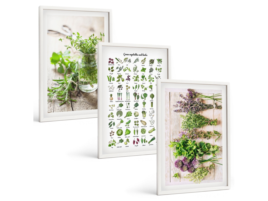 Quadros Decorativos Para Parede Ervas Secas Para A Cozinha Moldura Branca Imagens Para Um Quarto Infantil Espelharte (3 Piezas De 40x60 Cm)