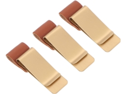Conjunto de 3 prendedores multiuso em aço inoxidável dourado e couro para organizar papéis, massas e materiais escolares.