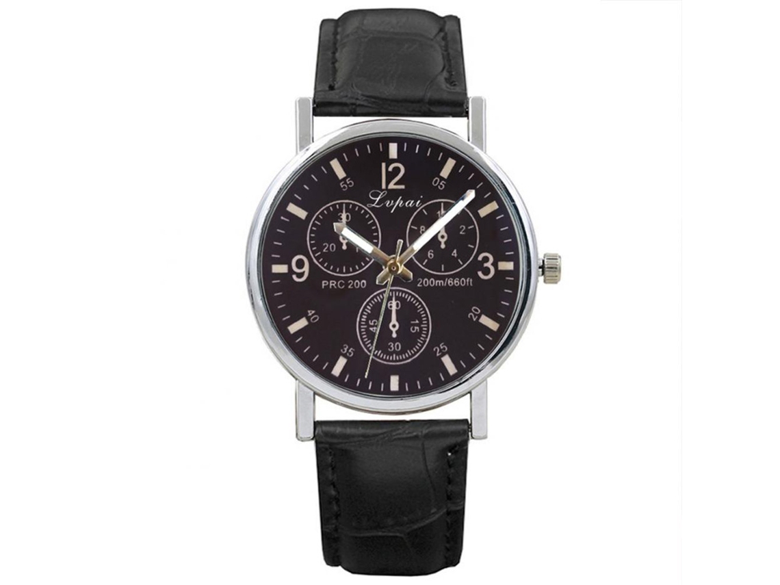 Relógio de quartzo casual masculino Lvpai, simples e moderno, com três mostradores, na cor preta.