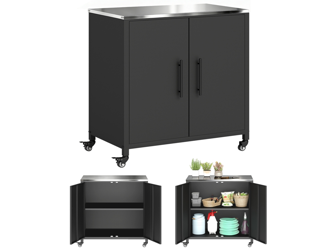 Armário De Jardim Com Mesa De Plantio, Abrigo Para Utensílios Com Bancada De Aço Inoxidável Removível, Prateleira Magnética, Porta Dupla, Rodas