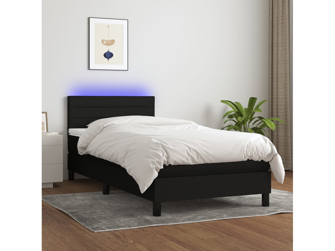 Vidaxl Cama Box Spring C/ Colchão E Led 90x190 Cm Tecido Preto