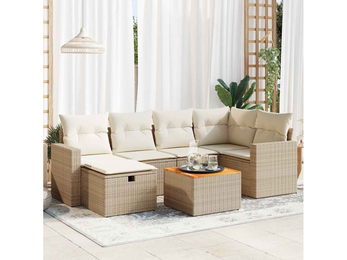 Vidaxl 7 Pcs Conjunto De Sofás P/ Jardim Com Almofadões Vime Pe Bege