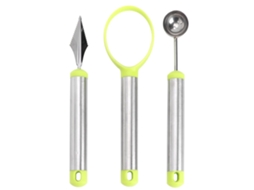 Conjunto De Ferramentas Escultura Frutas 3 Peças, Colher Melancia, Melão, Removedor Núcleo, Verde/prata