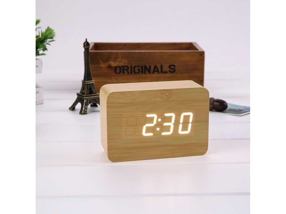 2026-despertador Digital Led Com Carregamento Usb/bateria, Temperatura, 3 Alarmes, 2 Modos E 3 Ajustes De Brilho (madeira De Bambu Luz Branca)