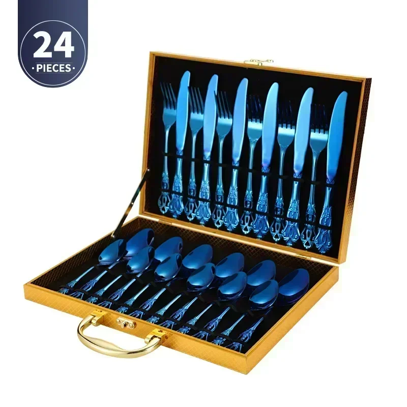 Conjunto de Talheres de Aço Inoxidável com Colher e Garfo Europeus Reais, Design Vintage, Lavável na Máquina de Lavar Louça MDUG (azul, 24 Peças)
